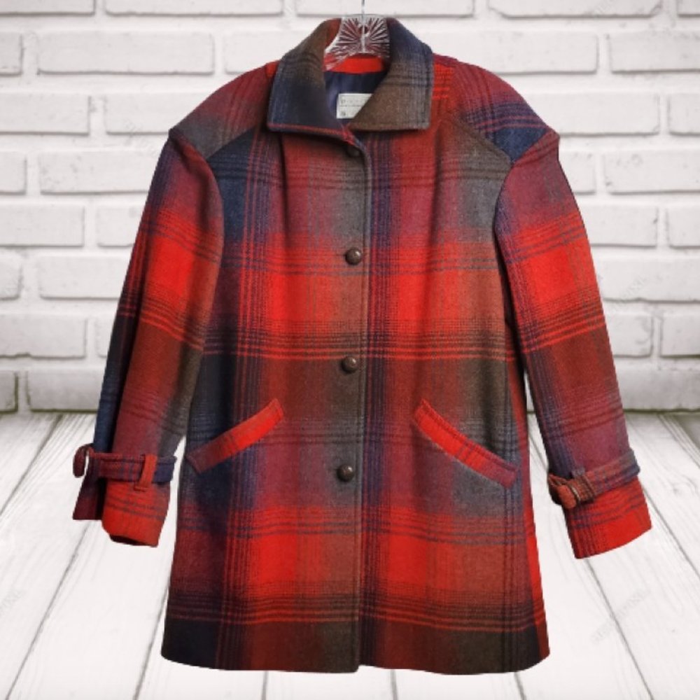 Vintage Pendleton Wool Coat Jacket Red Tartan Plaid Womens Medium Lined